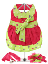 Hot Pink & Polka Dot Harness Dress, Lead & Hat - Get ready for the runway in this trendy little number! 100% cotton, hot pink and bright lime green with polka dots make this dress a real eye catcher. It has a sturdy reinforced D-Ring and a double sized / double strength velcro for comfortable and secure fastening. This harness dress set comes comp...