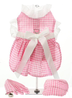 Pink Gingham / White Satin Ribbon Harness Dress, Lead & Hat